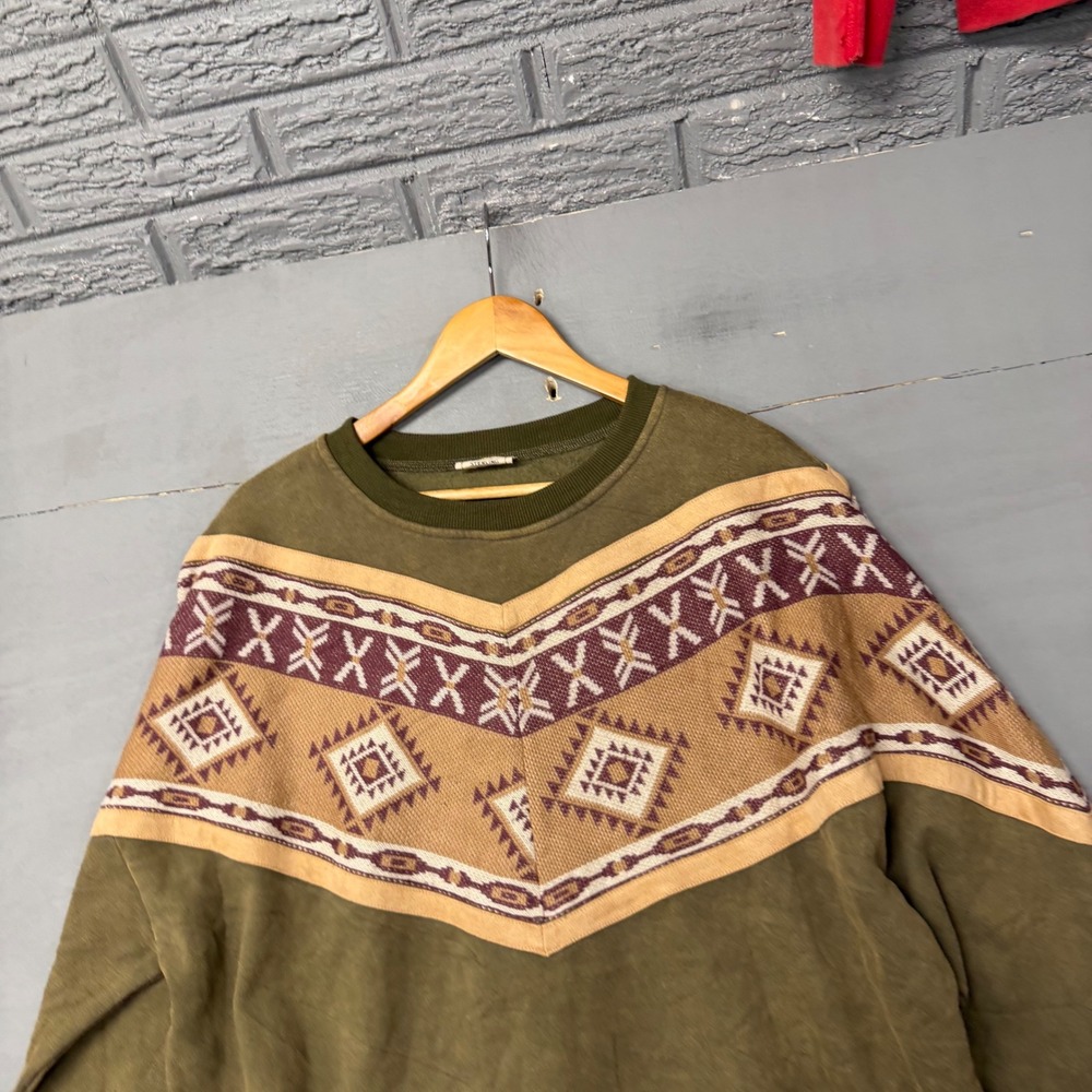 Sterling & Stitch Mens Olive Green Southwestern‎ Geometric Pullover Sweatshirt S